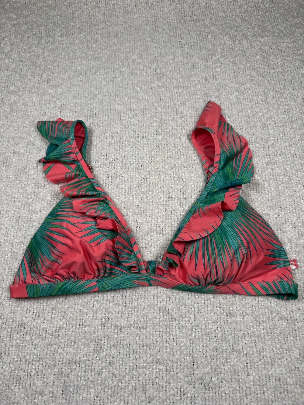 Victoria’s Secret Tropical Palm Ruffle Bikini Top Pink Green XL NWOT